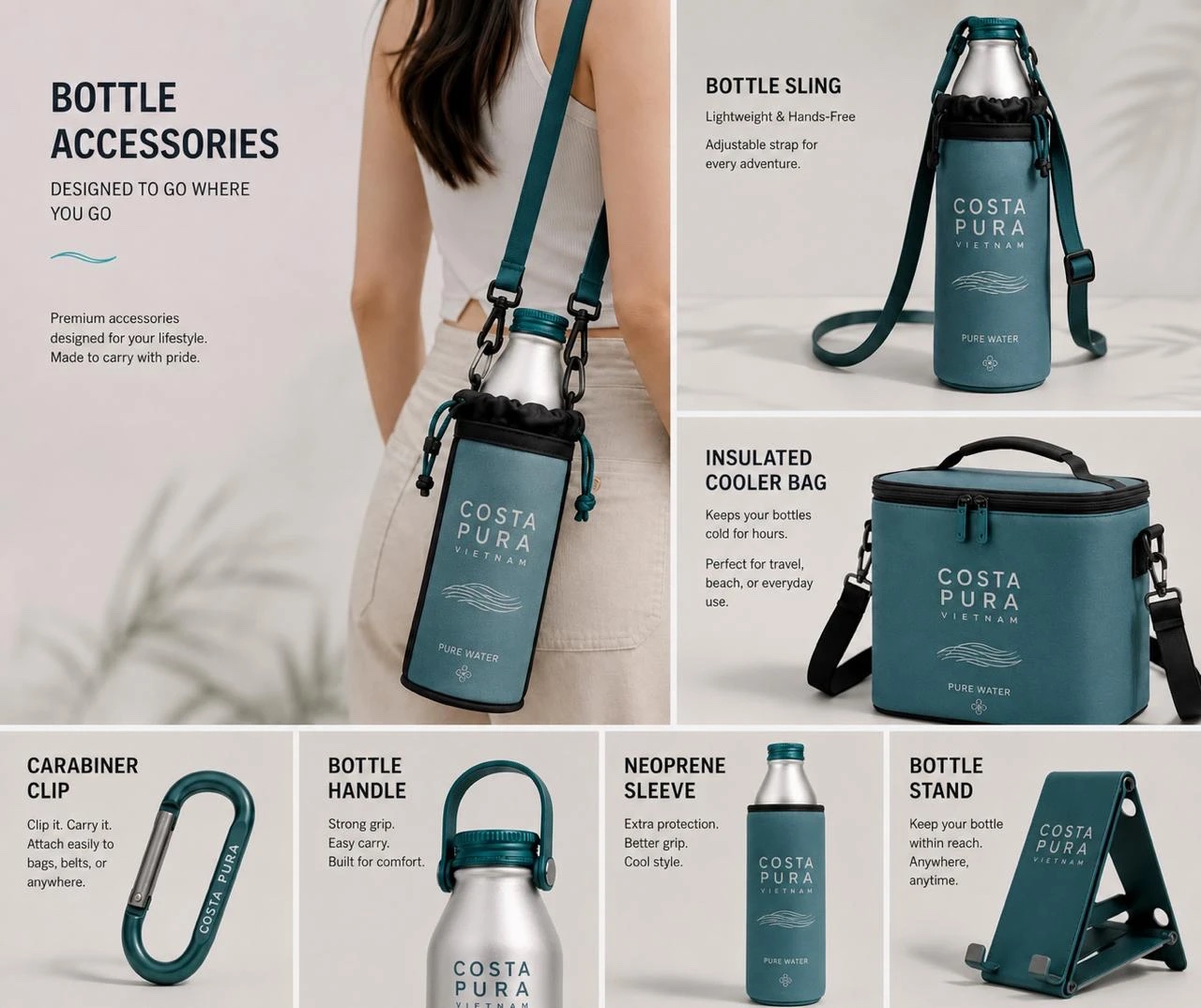 Costa Pura bottle accessories: crossbody sling, insulated cooler bag, carabiner clip, bottle handle, neoprene sleeve and bottle stand