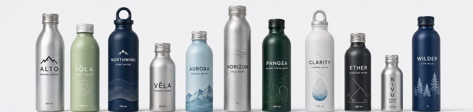 Aluminum bottle mockups carrying a range of partner brand labels