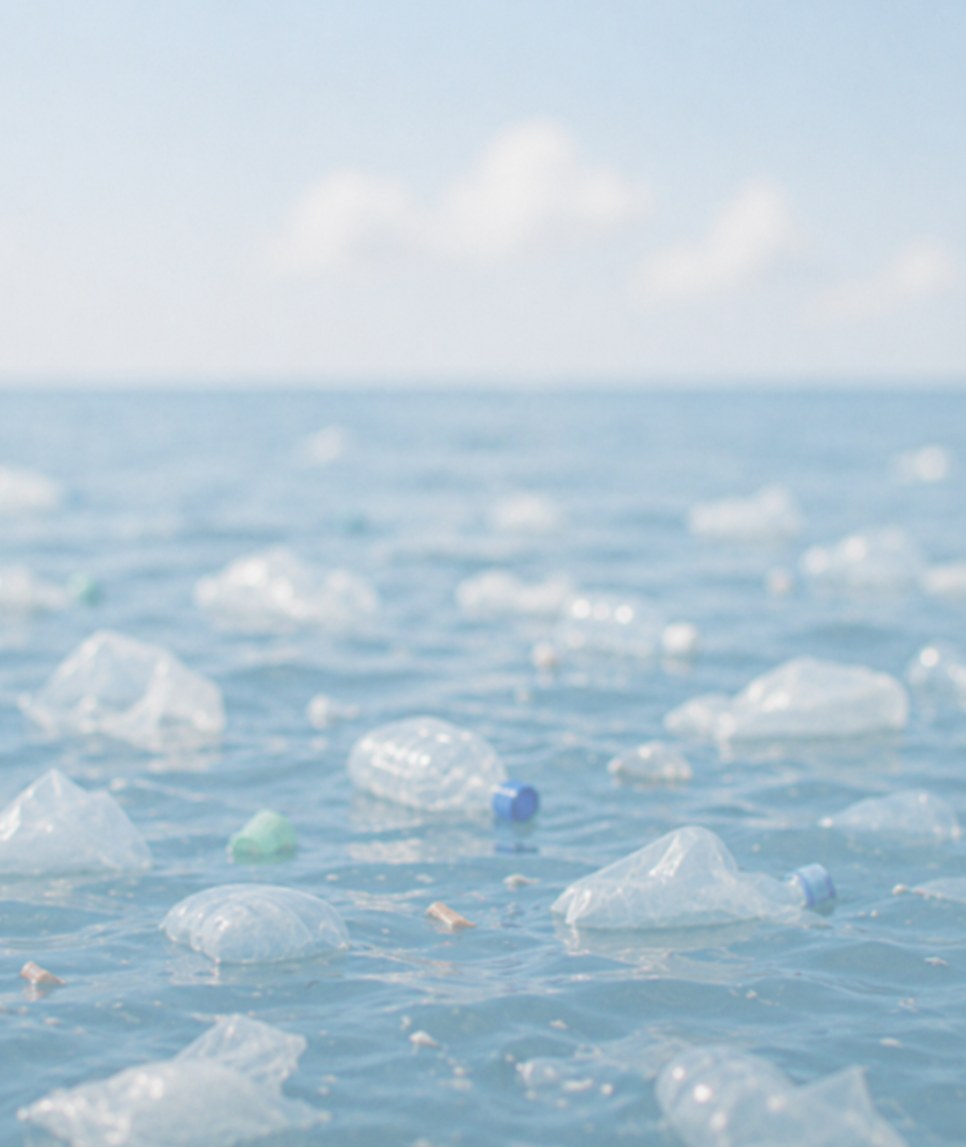 Plastic bottles and bags floating across an open stretch of sea